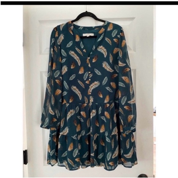 LOFT Teal Feather Print Babydoll Dress - Picture 6 of 10
